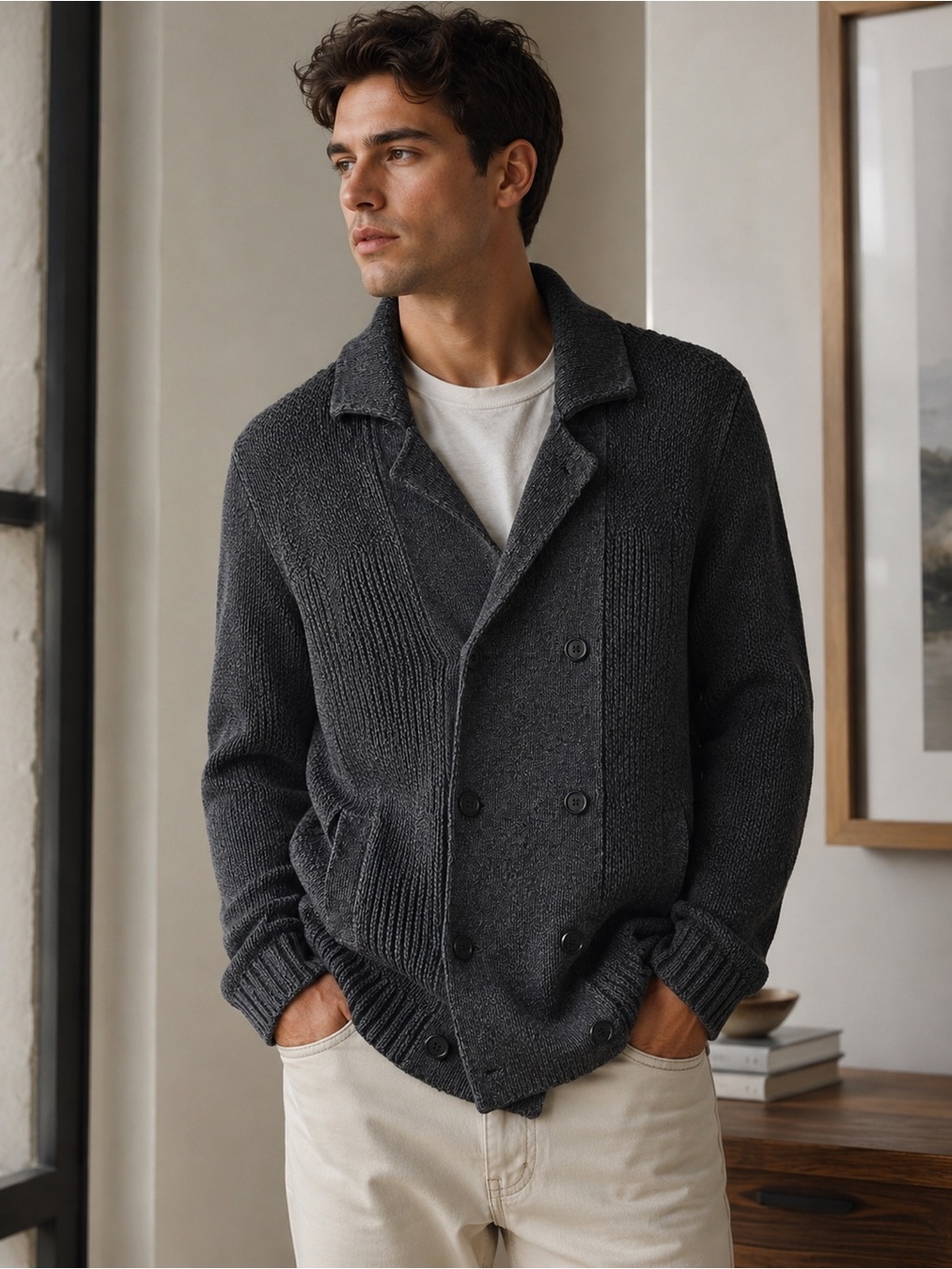 H&M Gray 100% Cotton Shawl Collar Cardigan Sweater Men’s Large Heavy Knit Cozy